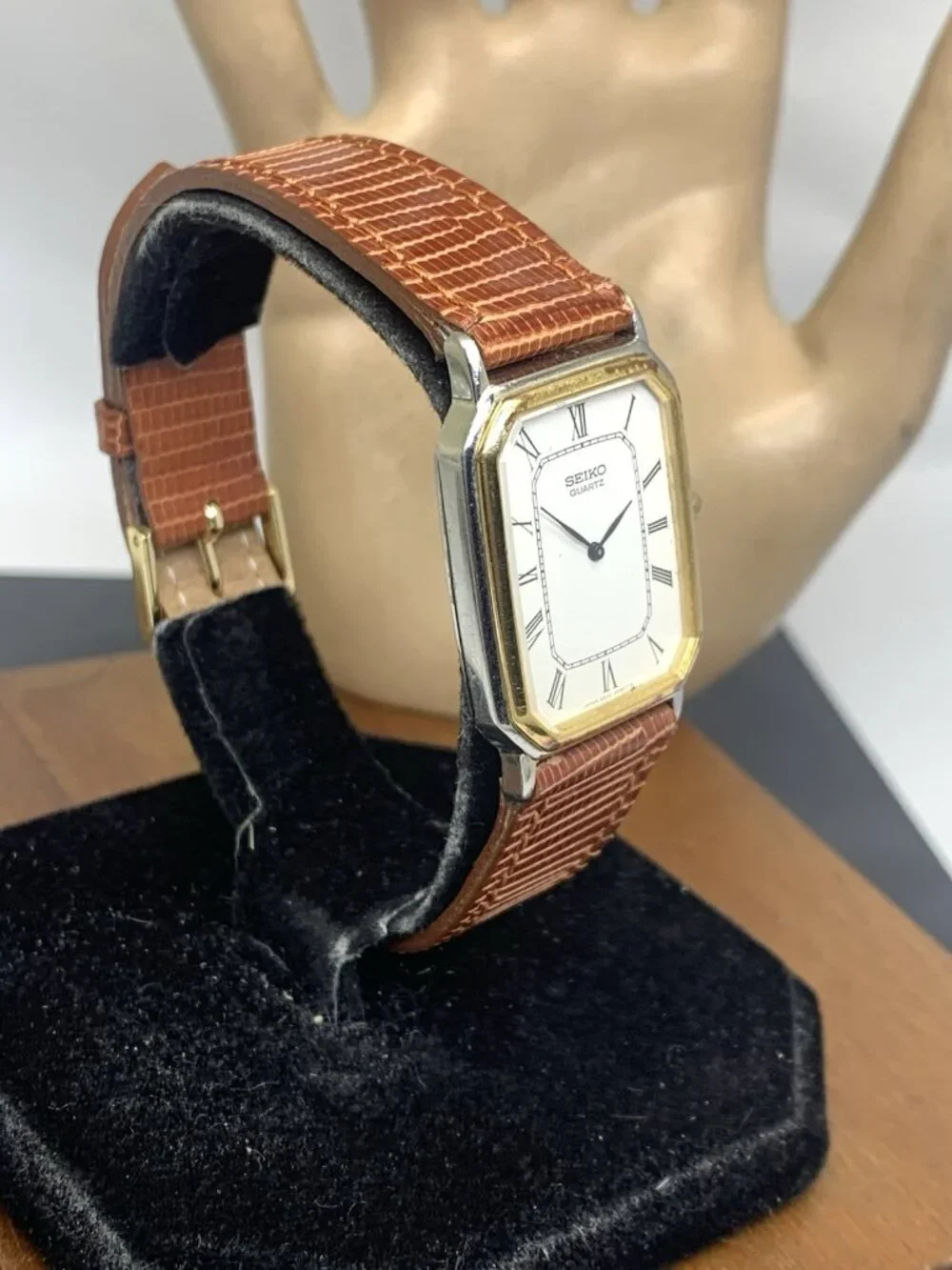 Seiko Watch 2320-6380 Quartz Tank Two Tone Case Brown Leather Strap 1981 25mm